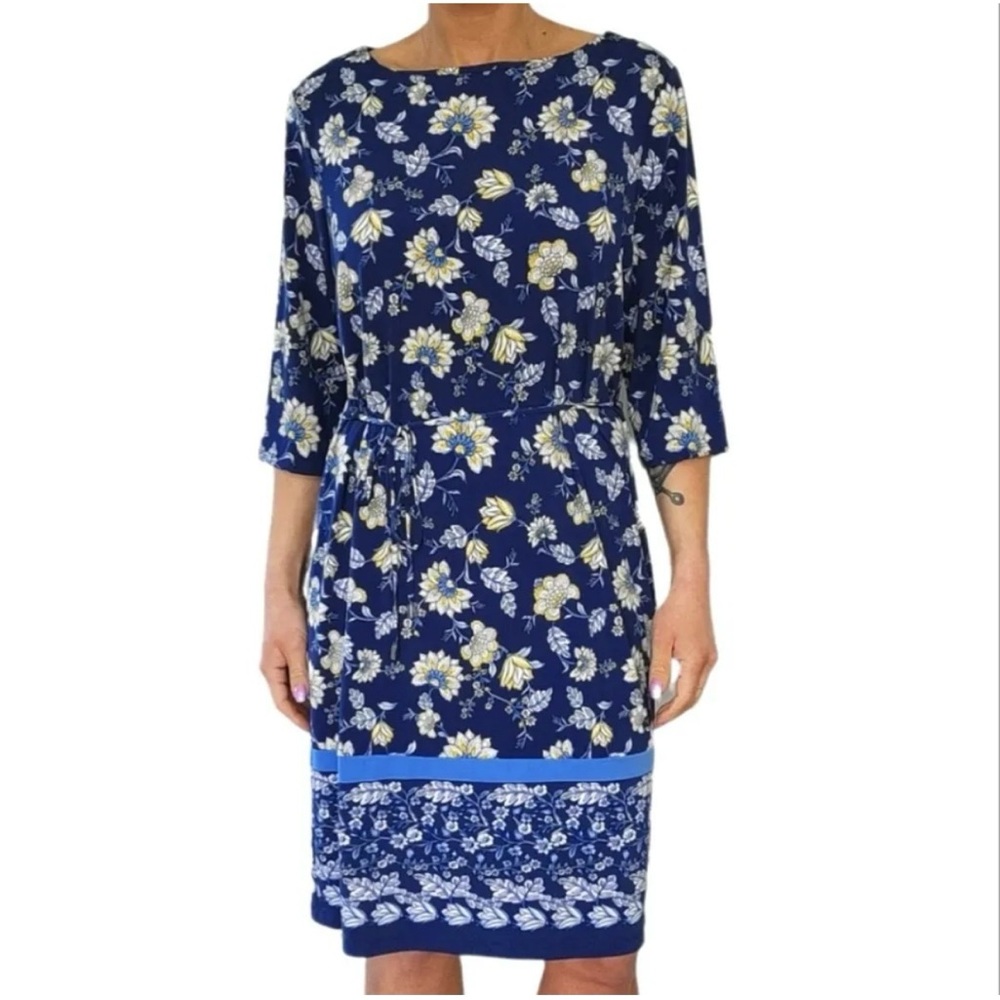 Liz Claiborne Floral Midi Dress Blue 3/4 Sleeve Size Large Belt Vintage 90’s